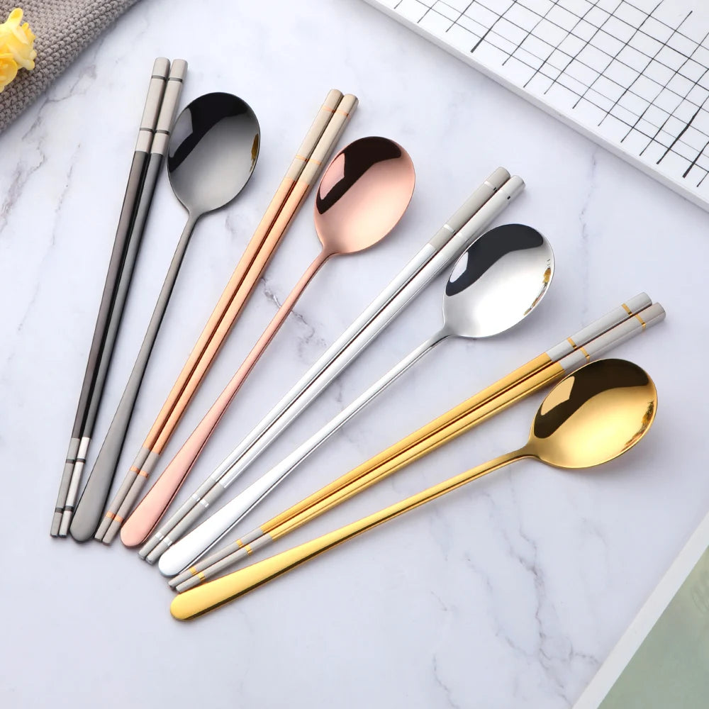 Set de Palillos y Cuchara Coreana Premium (Acero Inoxidable)
