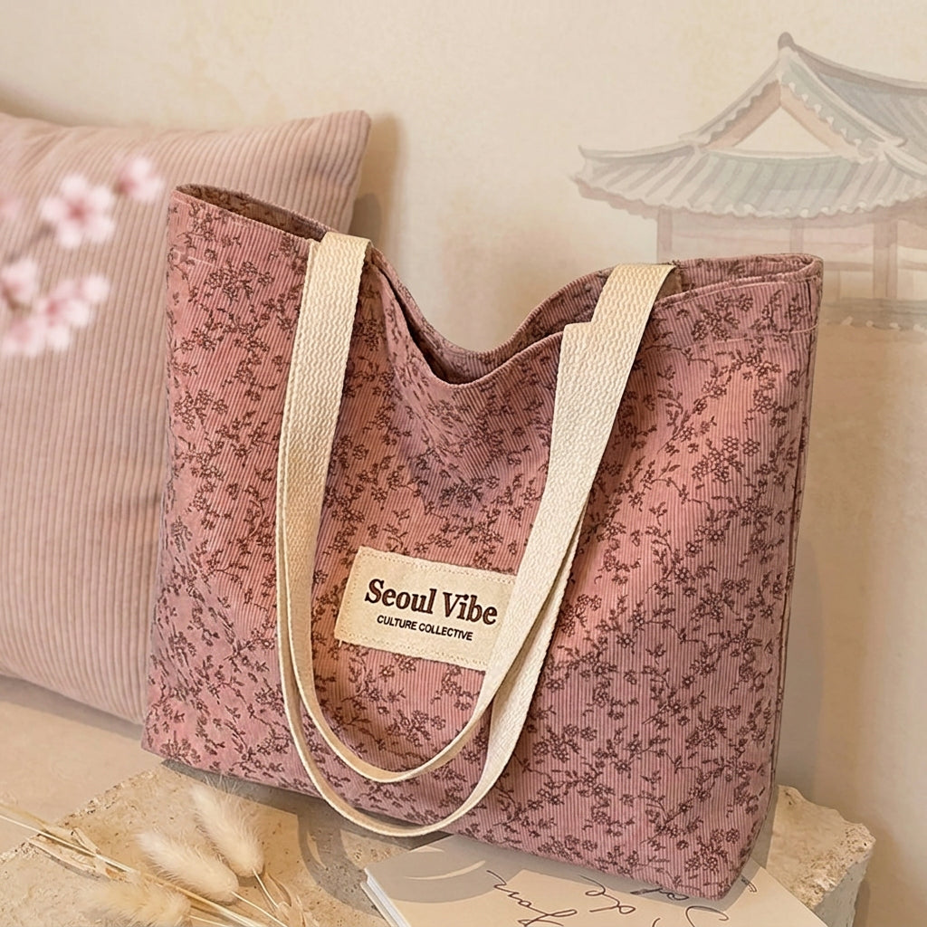 Tote Bag de Pana Sakura Blossom – Bolso de Hombro K-Aesthetic