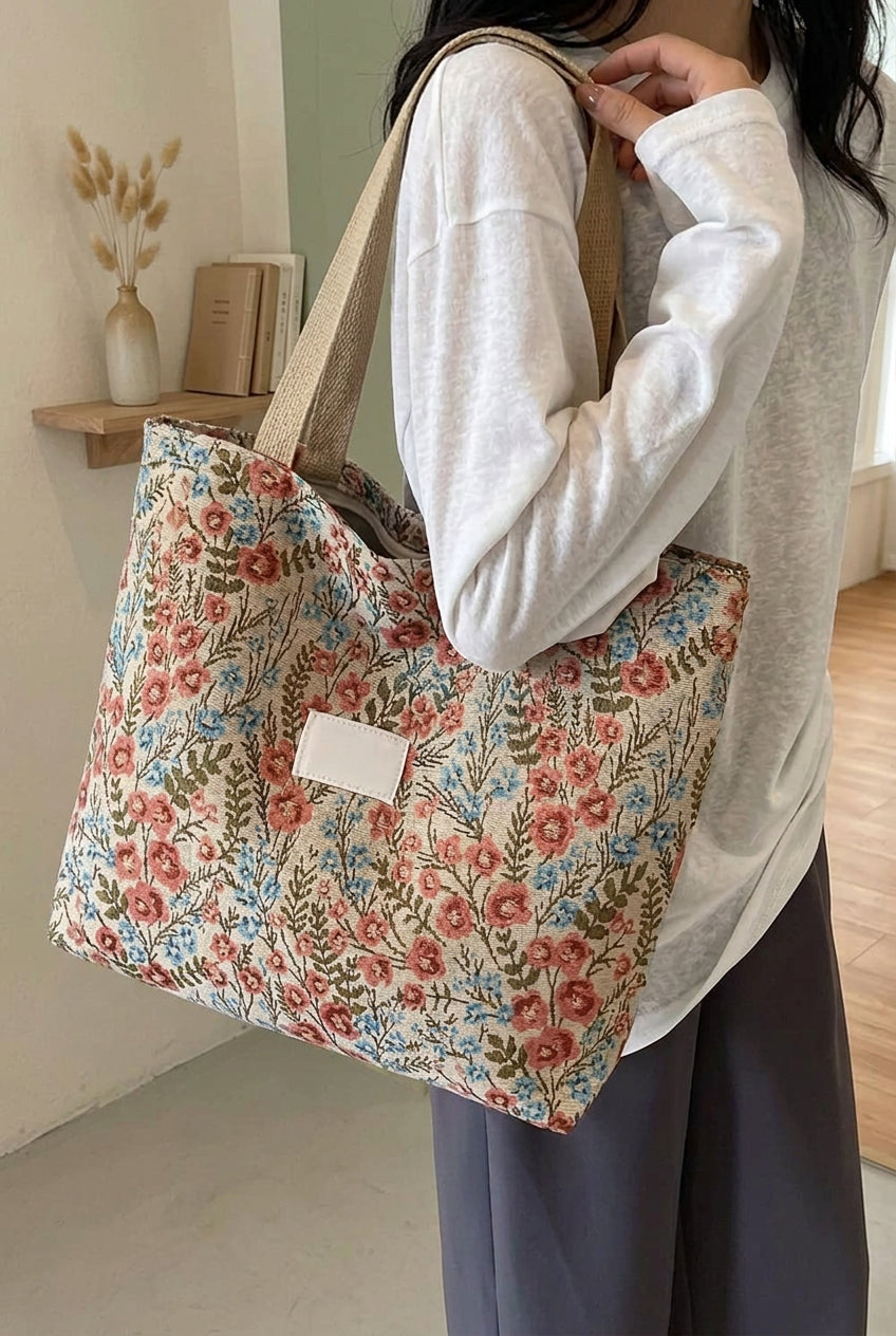 Tote Bag de Pana Sakura Blossom – Bolso de Hombro K-Aesthetic