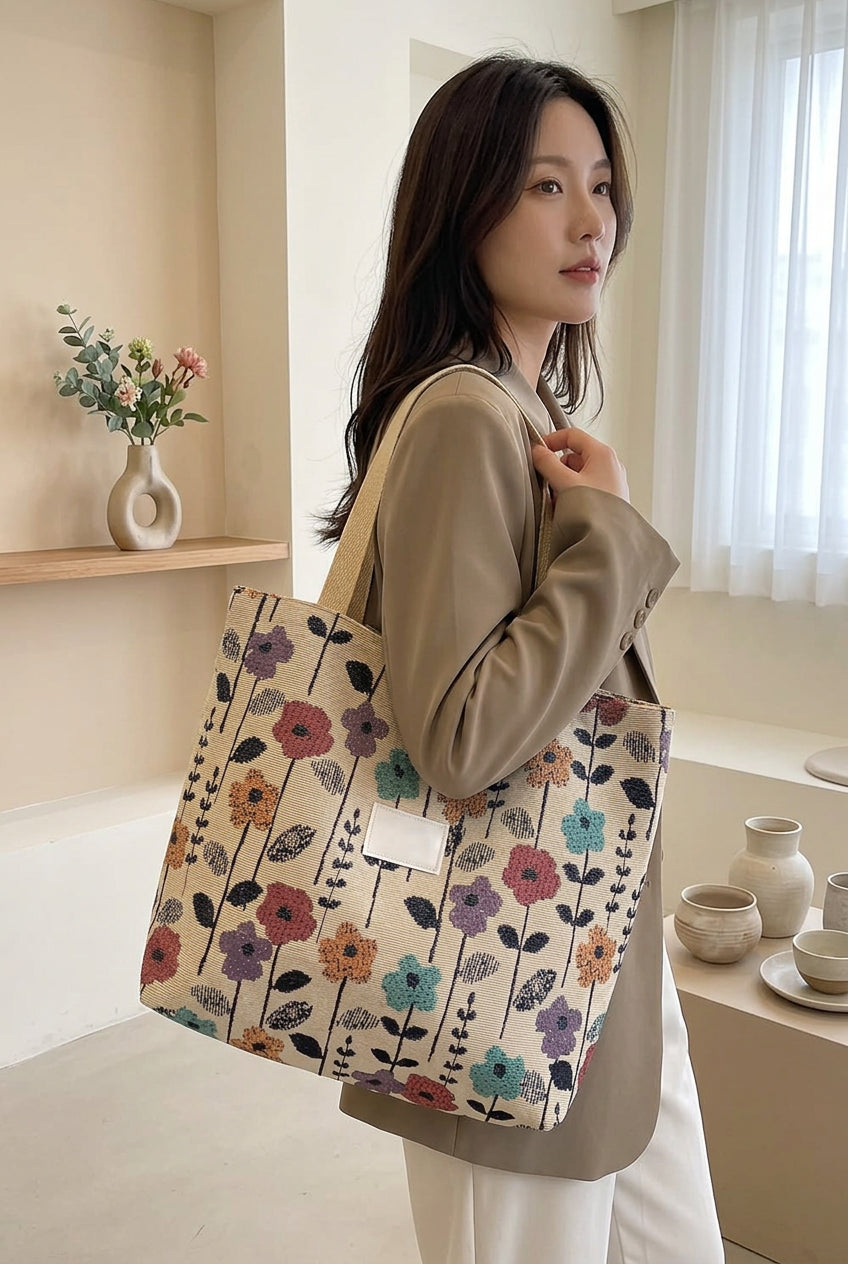Tote Bag de Pana Sakura Blossom – Bolso de Hombro K-Aesthetic