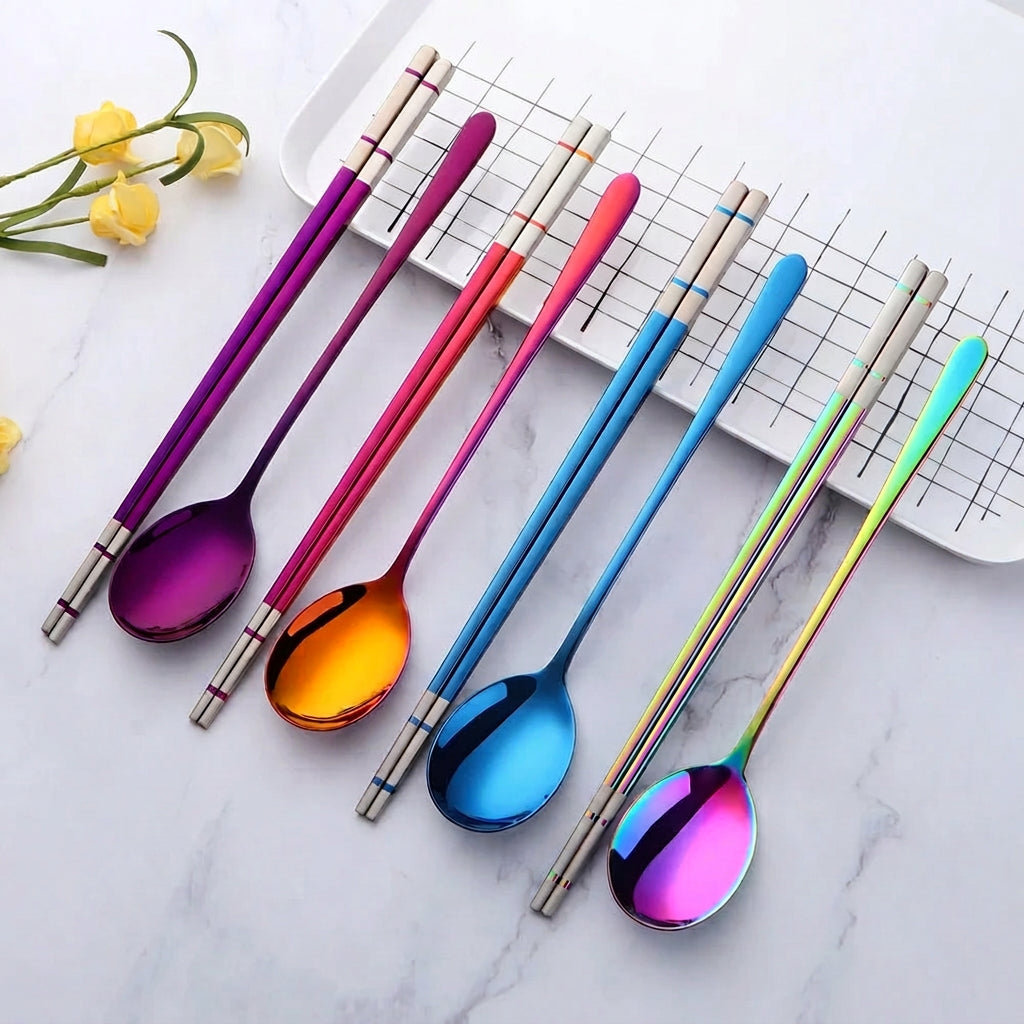 Set de Palillos y Cuchara Coreana Premium (Acero Inoxidable)